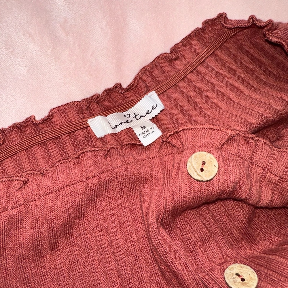 NWOT Love Tree Off-Shoulder Ribbed Knit Bodycon Mini Dress Rust Red, Size M - Picture 2 of 6
